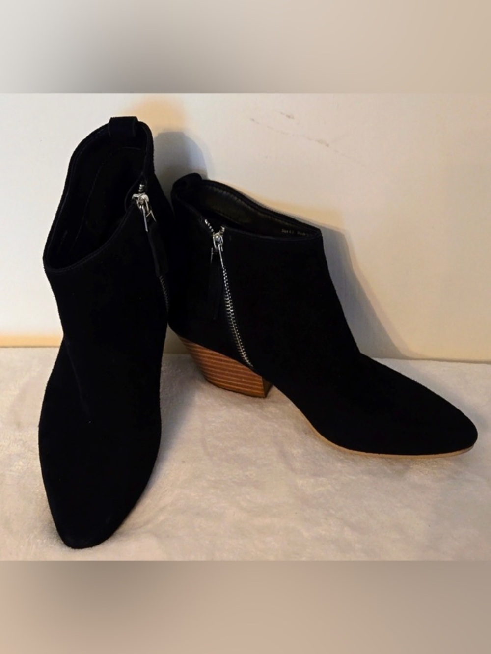 Dolce Vita Black Suede Pointed Ankle Booties with Wood-Look Heel